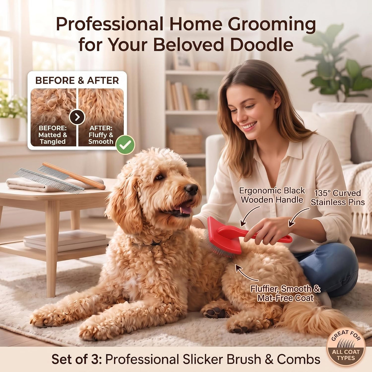 3-in-1 Long Pin Slicker Brush Set, Pet Grooming Kit,Red