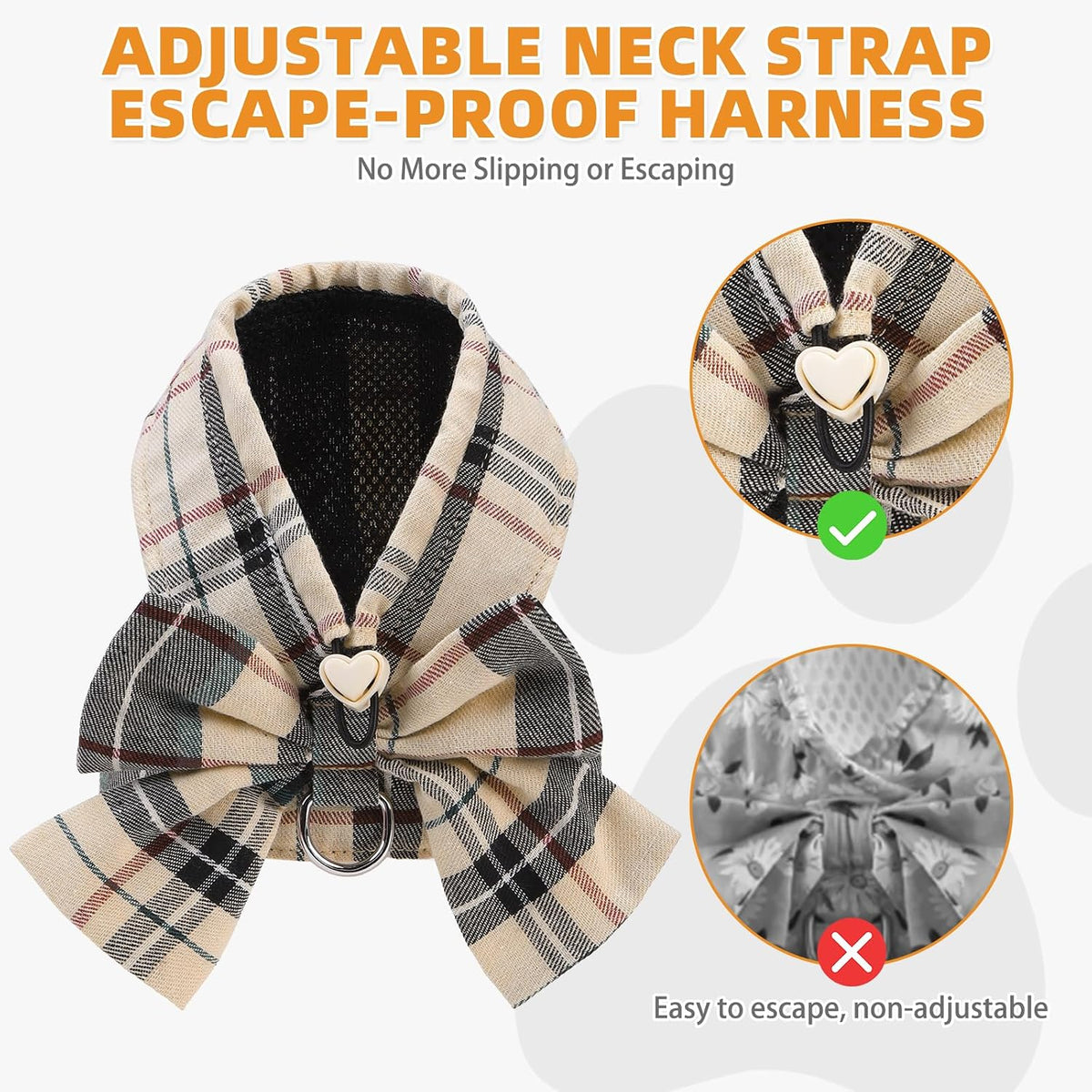 KOOLTAIL Cute Cat Harness and Leash Set with Bowtie, Small Dog Vest Harnesses, Step in No Pull Soft Mesh Padded Adjustable Plaid Pet Harness for Extra-Samll Medium Puppy Kitten, Boy Girl, Beige XS