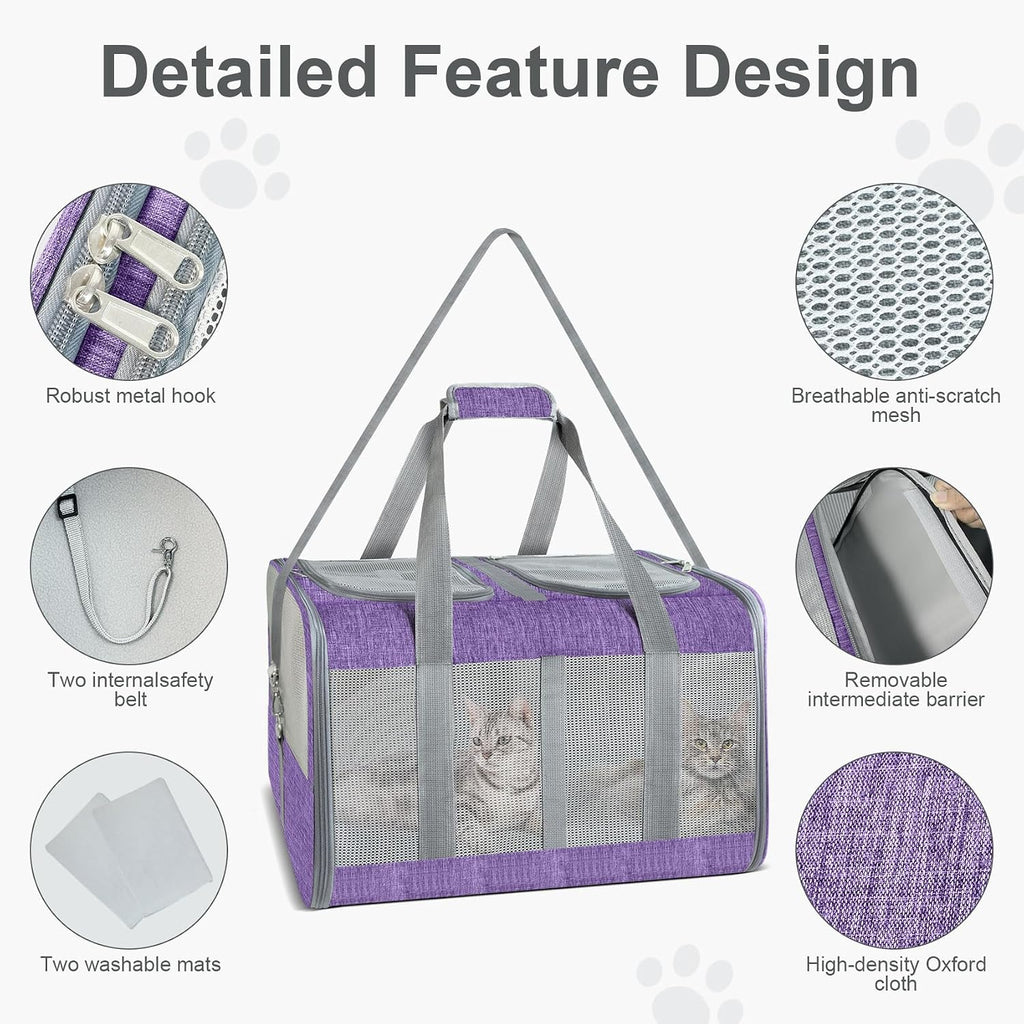 Soft-Sided Cat Carrier for 2 Cats, Gray, Breathable Mesh Design, Airline Approved Travel Bag for Small to Large Cats, Expandable with Shoulder Strap (Purple)