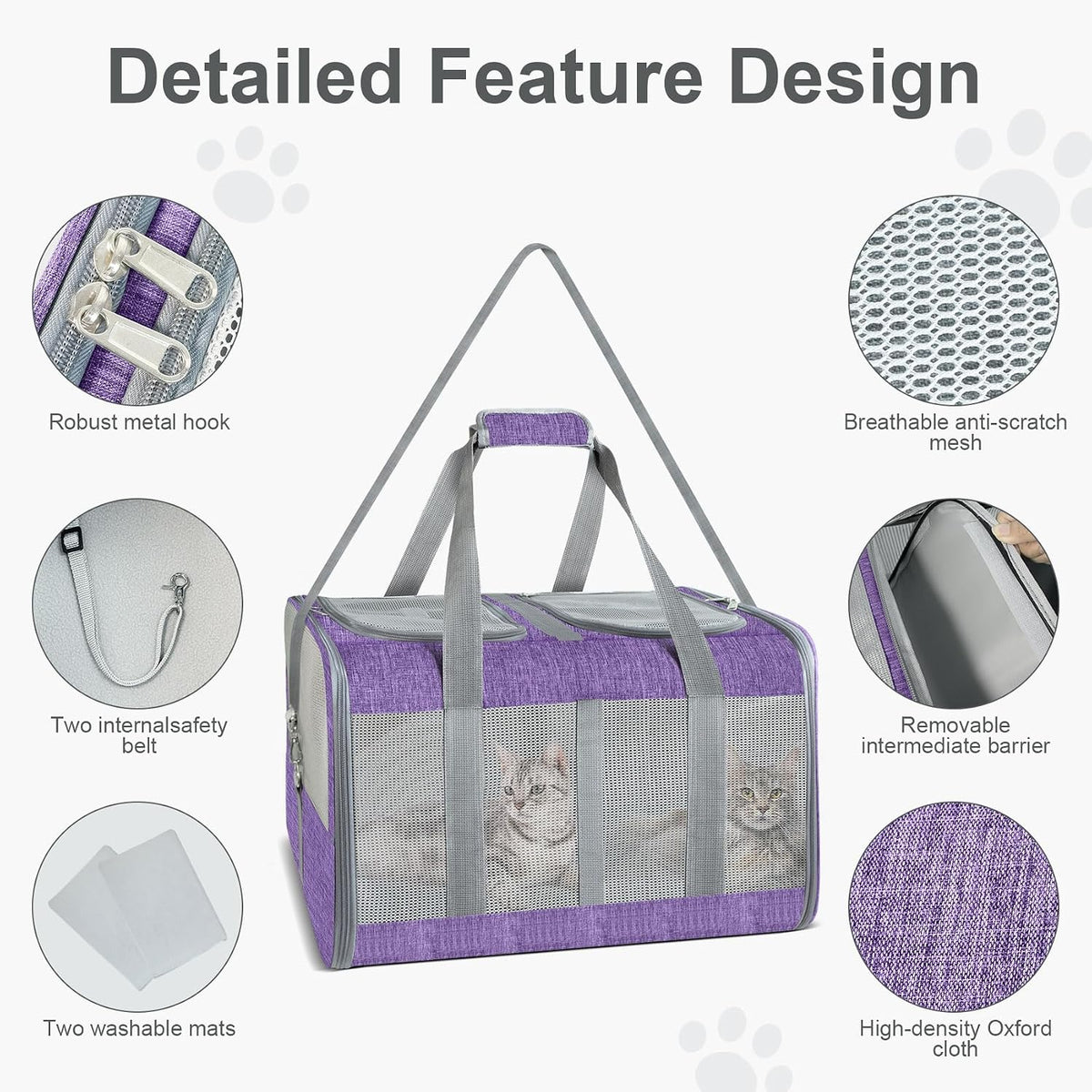 Soft-Sided Cat Carrier for 2 Cats, Gray, Breathable Mesh Design, Airline Approved Travel Bag for Small to Large Cats, Expandable with Shoulder Strap (Purple)