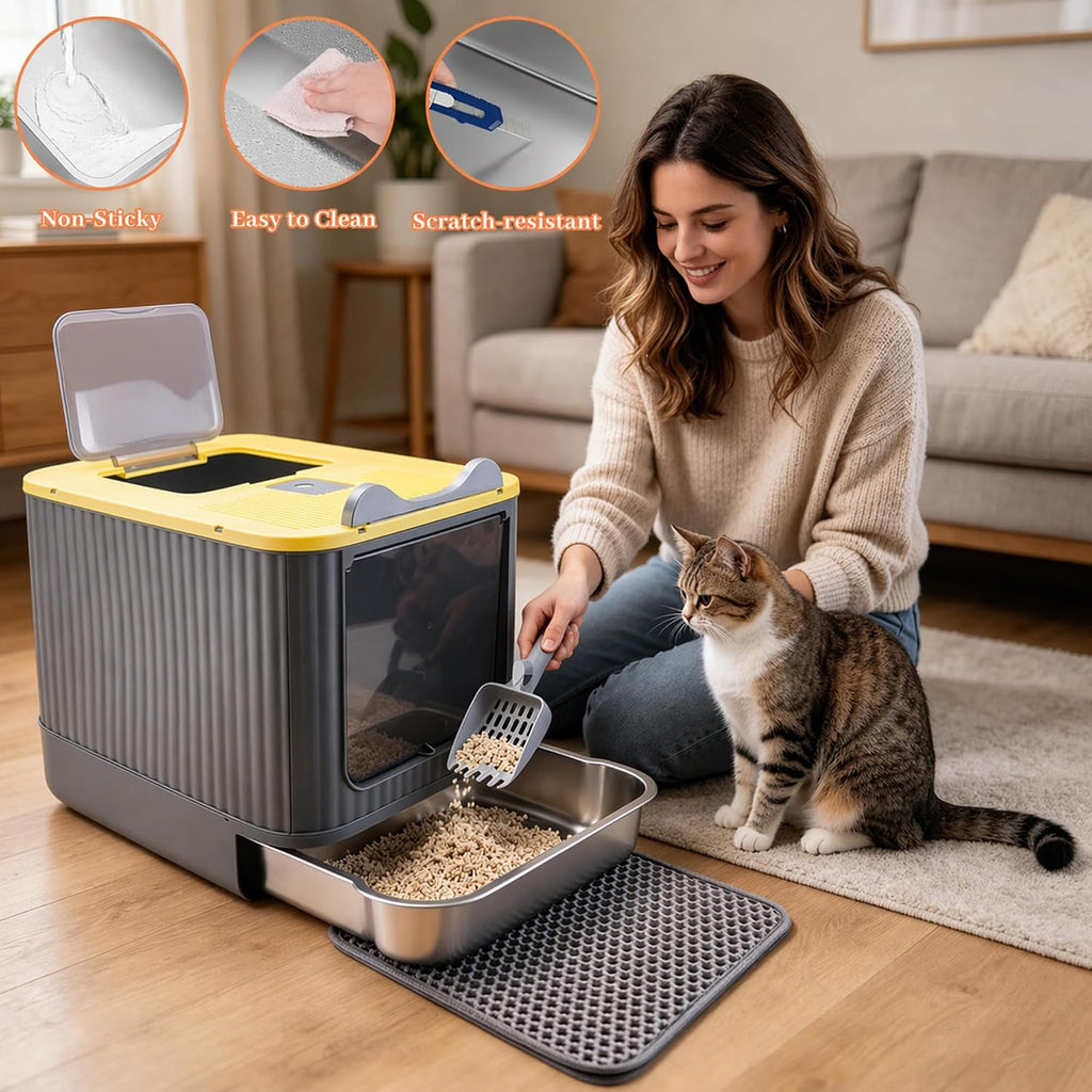 Stainless Steel Cat Litter Box Enclosed, Small, Dual Entry, Pull-Out Tray