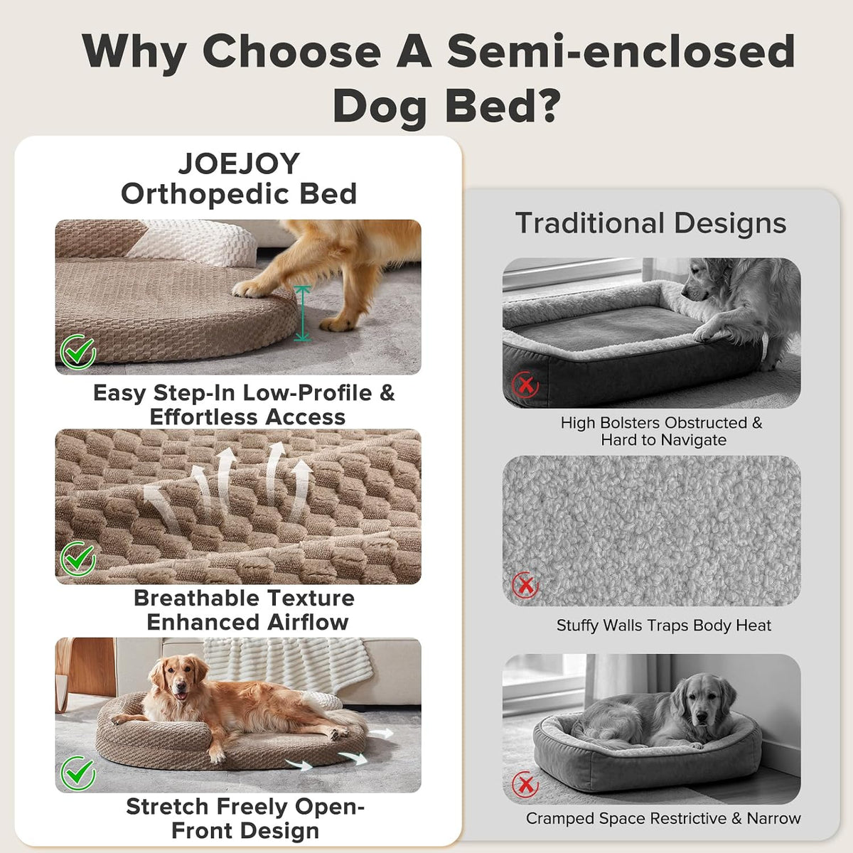 JOEJOY Orthopedic Dog Beds Large Sized Dog, Washable Waterproof Oval Large Dog Bed with Removable Cover, Big Egg-Crate Memory Foam Pet Bed with Bolster Sides & Non-Skid Bottom, Brown, 36''x27''