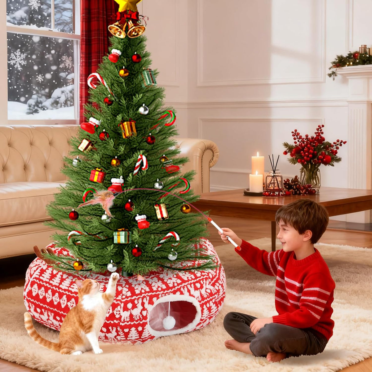 Cat Tunnel Bed Under Christmas Tree 35.4" Festive Circle Cat Tunnel with Feather Toys Adjustable Bibs Foldable Holiday Decorative Pet Cave for Indoor Cats Small Animals Fits Under Tree Skirt