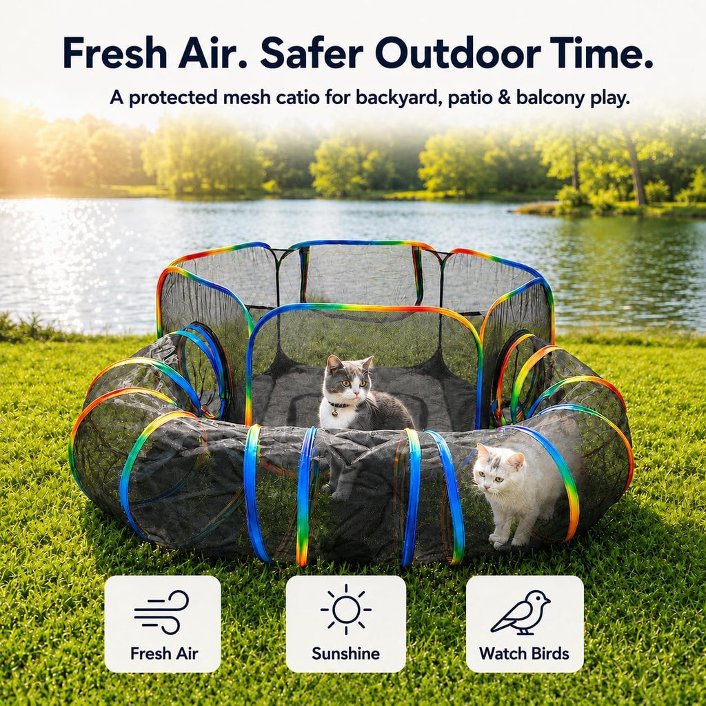 Portable Cat Enclosure - 2-in-1 Outdoor Catio with Tent & Tunnel, Foldable Playpen for Indoor Cats, Includes Storage Bag for Cats & Small Animals Rainbow Color (Pack of 2)