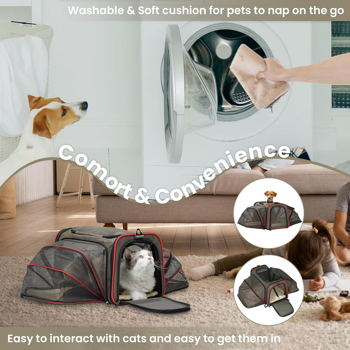 Petsfit 2 Side Expandable Pet Carrier Dog Carrier Cat Carrier for 2 Cats, 19" Lx 12" Wx 12" H, with Soft Cushion, Built-in Safety Rope, Pockets, Fit for Car Travel