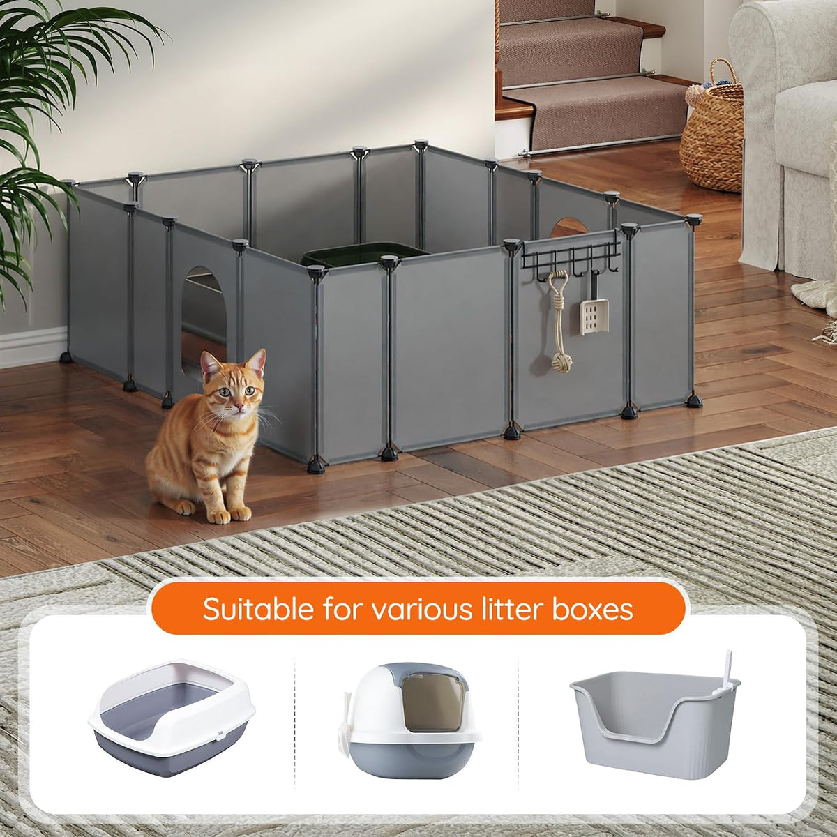 HOOBRO 2 Pack Cat Litter Box Enclosure Splash Guard with Large Oxford Mat, Plastics High-Edge Litter Guard with Drain Hooks, DIY Assembly, 70.9" L x 29.1" W x 15.7" H, Easy to Clean, Grey GY08PP03