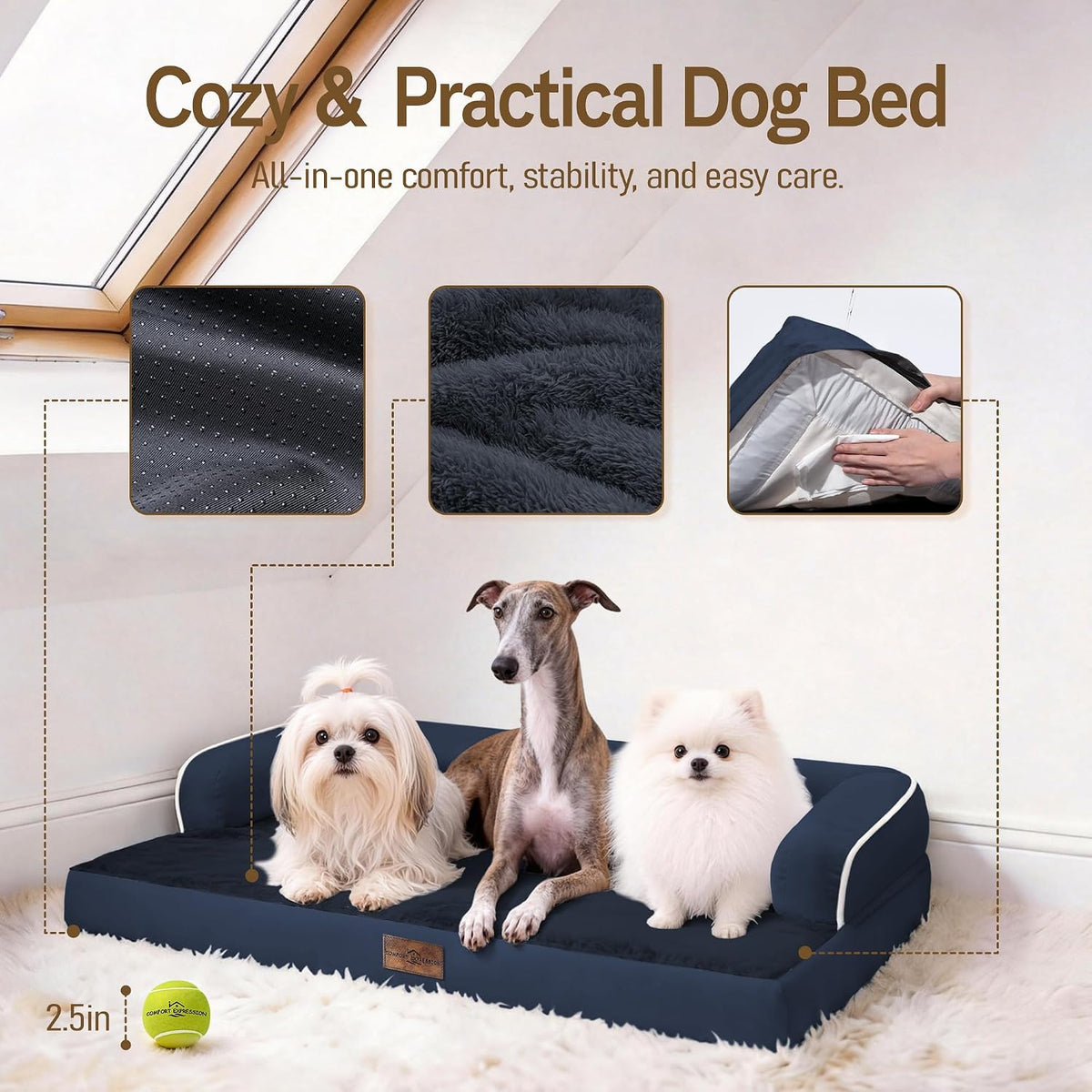Comfort Expression Washable Dog Bed with Bolster for Medium to Large Dogs
