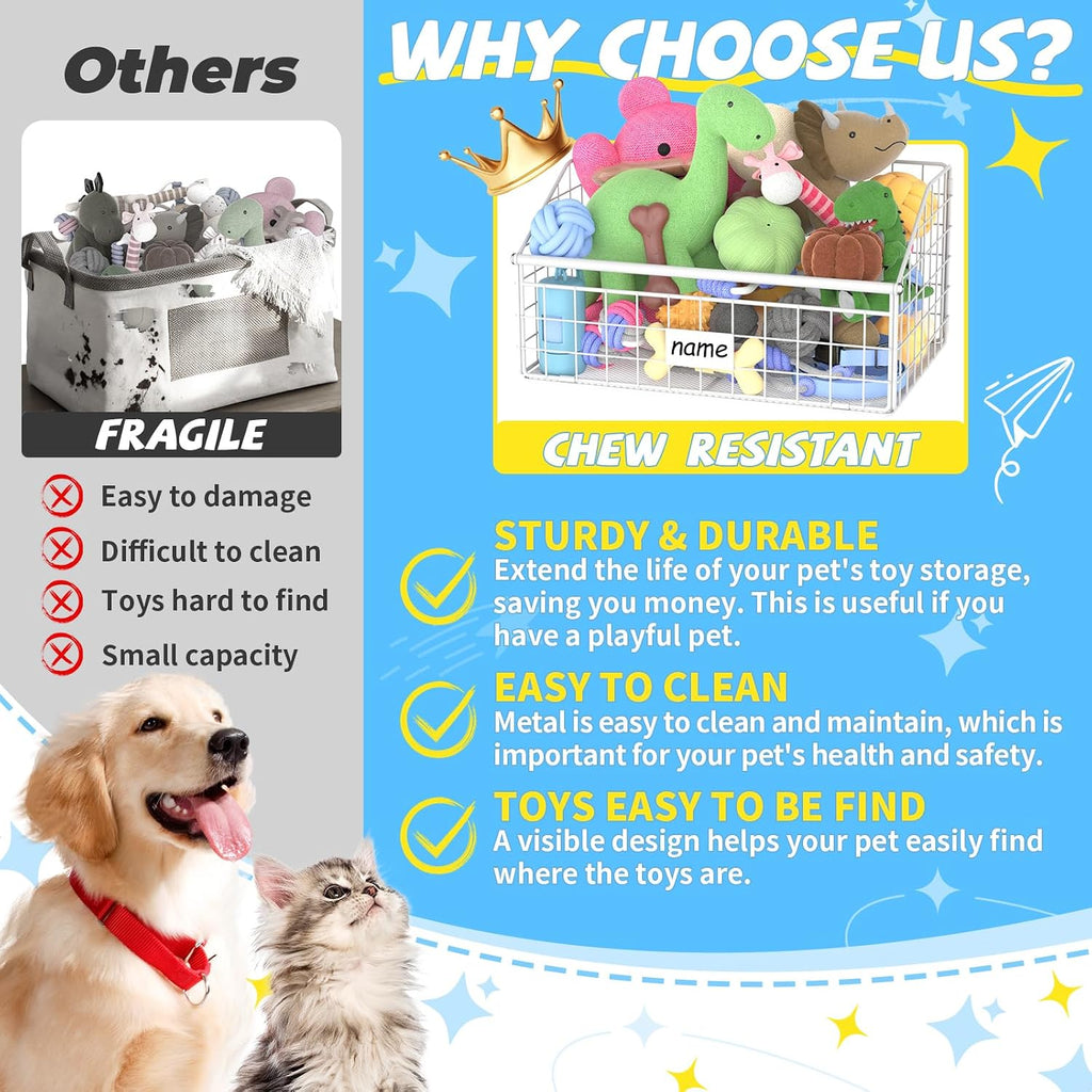 Kaiferty Indestructible Dog Toy basket, Small Toy Box for Dogs, Pet Toy Bin Dog Metal Basket for Toys, Dog Toy Storage, Dog Storage Organizer, Cat Dog Toy Box for Living Room Area (White)