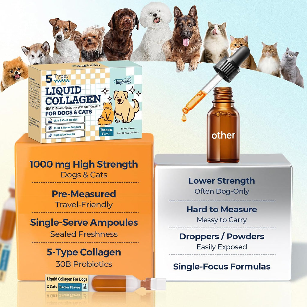 Collagen for Dogs - Liquid Collagen for Dogs & Cats with 5 Collagen Types(I, II, III, V & X) for Skin & Coat, Itch Relief, Hip & Joint, Plus 30B CFU Probiotics, Hyaluronic Acid & Vitamin C,60 Ampoules