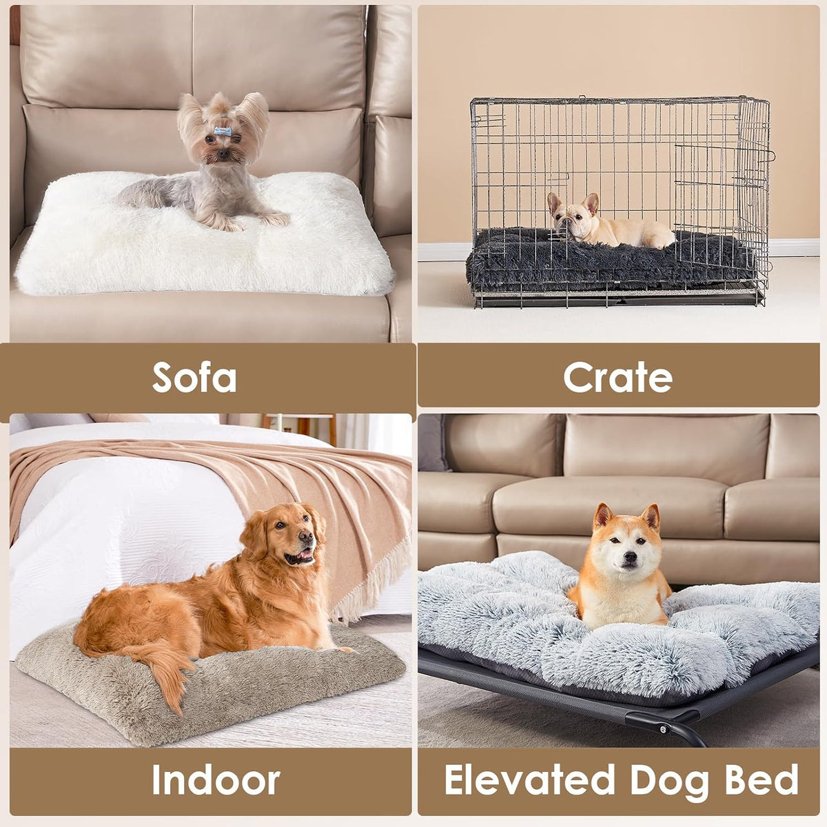 EHEYCIGA Fluffy Dog Crate Bed for Medium Dogs, Plush Crate Pad, Taupe