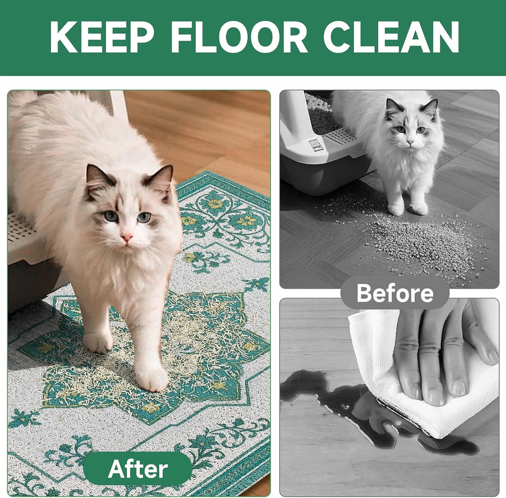 Cat Litter Mat, 35" x 23" Litter Box mat, Traps 100% Litter, Non-Slip Kitty Litter Trapping mats, Large Cute Litter mat, Easy Clean for Scatter Control, Bohe cat Food mat, Urine Waterproof | Traps 100% Litter, Cute litter mat for litter box, Soft on Ki...