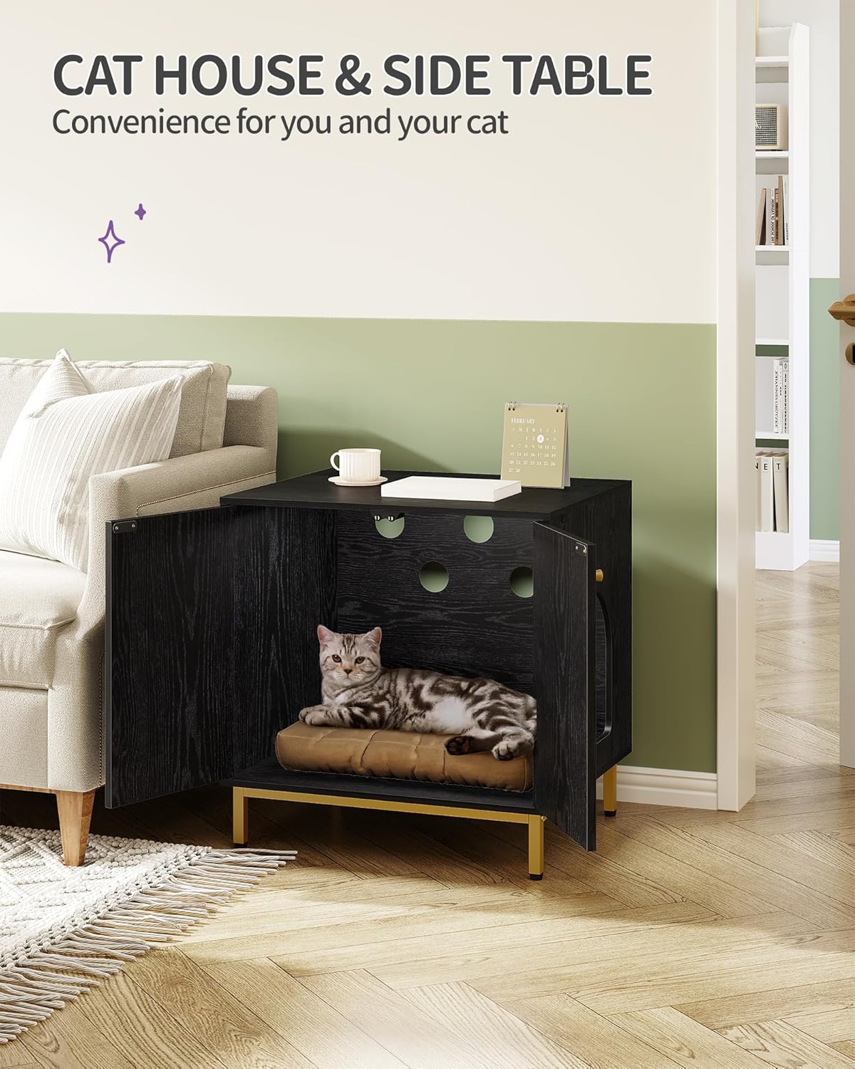 Hzuaneri Cat Litter Box Enclosure, Hidden Litter Box Furniture, Sisal Mat | Wooden Indoor Cat Cabinet, Modern Cat Washroom, Side End Table, for Living Room, Bedroom, Black CB81204G