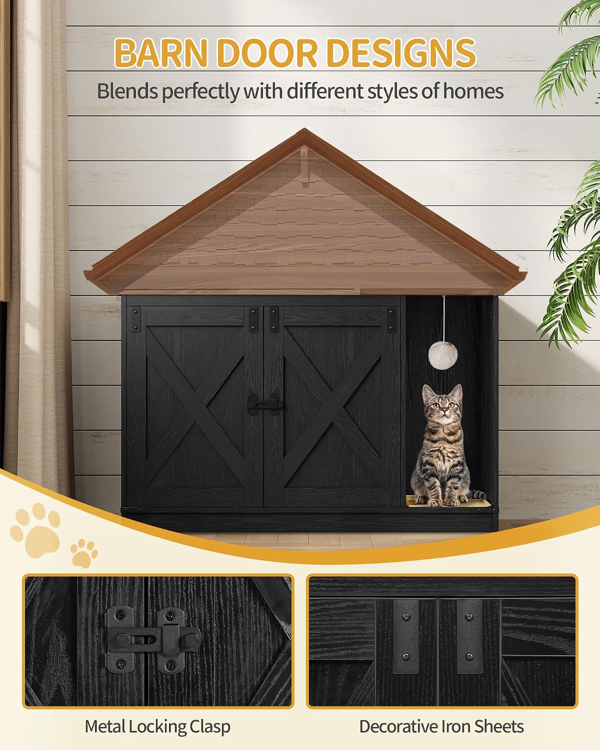 Hzuaneri Cat Litter Box Enclosure, Hidden Litter Box Cabinet Furniture | Indoor Cat House with Bell, Farmhouse Style, 31.5 x 19.7 x 20.9 Inches, for Hallway, Bedroom, Black CB85204X