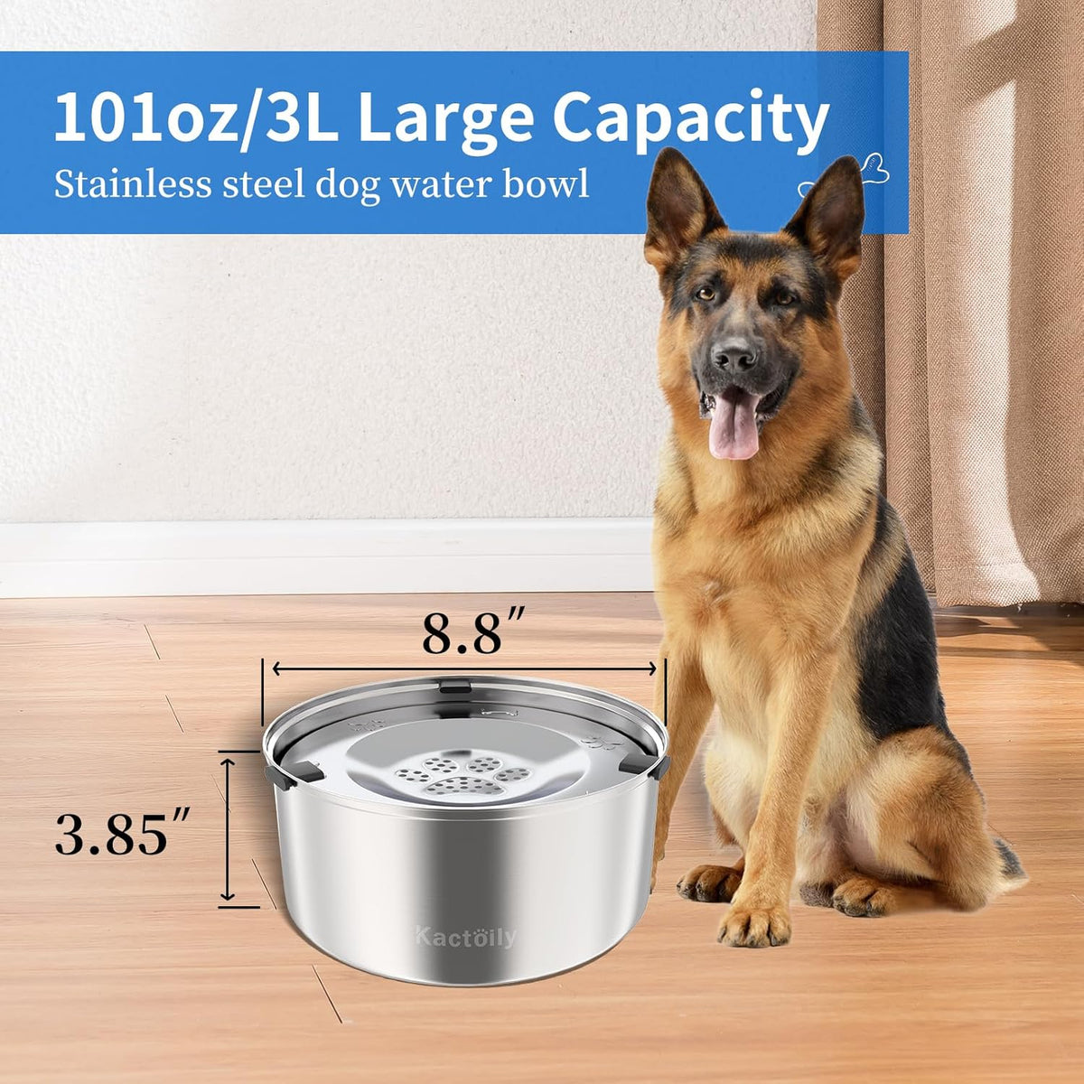 3L/101oz Dog Water Bowl Stainless Steel Slow Water Bowl for Dog | No-Spill Slow Drinking Water Bowl for Medium Large Dogs, Spill Proof Dog Water Bowl for Home, Vehicle and Travel Use