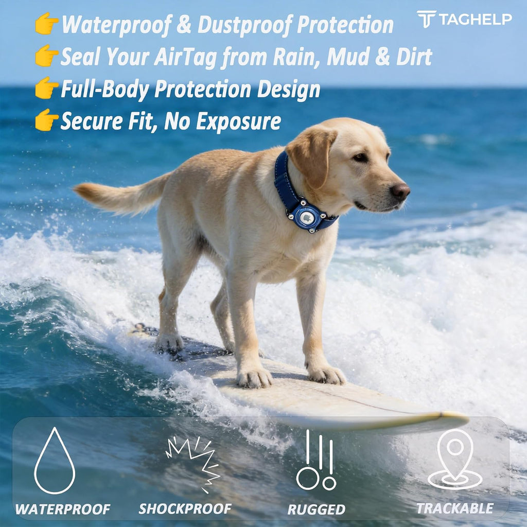 Waterproof Airtag Holder for Dog Collar, (Blue–White Accent)