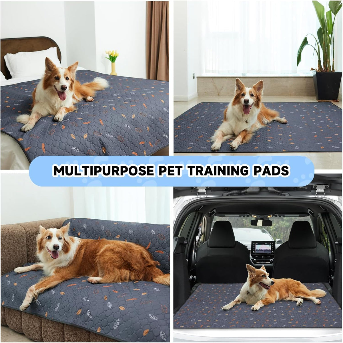Sunheir Washable Pee Pads for Dogs 4-Pack Reusable Puppy Pads, Pet Cat Pads | Waterproof Dog Pee Pads for Crate, Thick Super Absorbent, Leak-Proof & Non-Slip, Whelping Pad (Leaves - Deep Grey, 18x24)