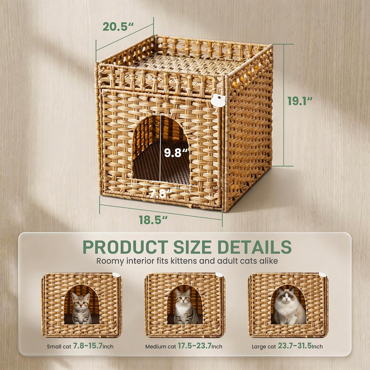 Cat Litter Box Furniture, Rattan Litter Box Enclosure Cabinet for Indoor Cats, Ventilated Covered Litter Box House, Decorative Litter Box Hider with Mat