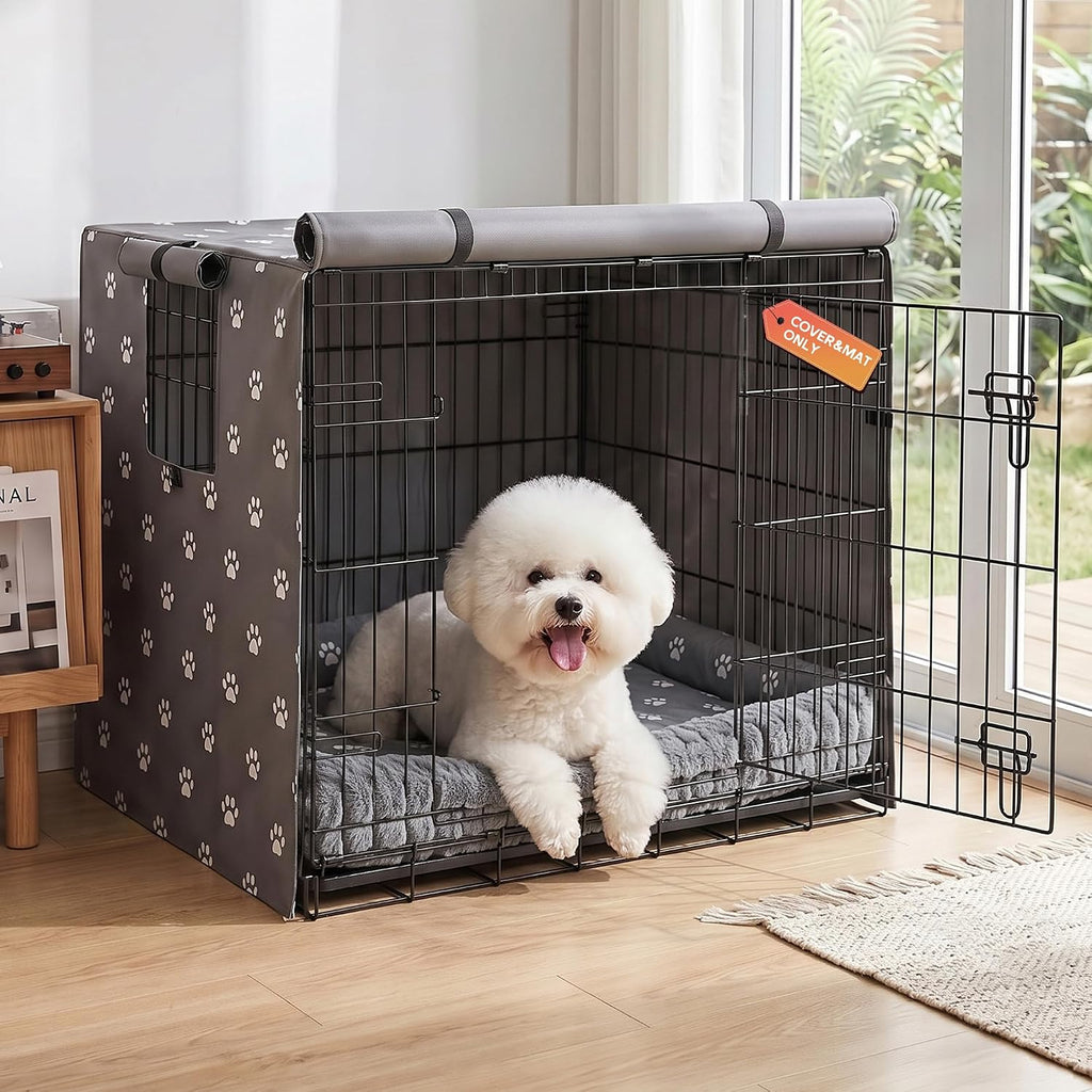 PetPrime 24 Inch Dog Crate Cover with Reversible Mat Set, Waterproof Pet Kennel Cover, Private & Cozy Retreat to Reduce Anxiety, Fits 24" L x 18" W x 19" H Crates (Crate Not Included)