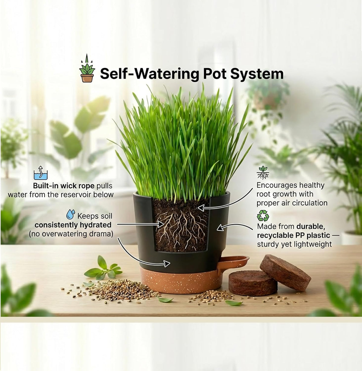 House Tiger Cat Grass Gift Set - Complete All-in-One Kit with Self-Watering Stay Fresh Pot & 3-Pack Refill | Includes Premium Cat Grass Seed, Coco Coir Soil Discs | Aids Digestion & Hairball Control