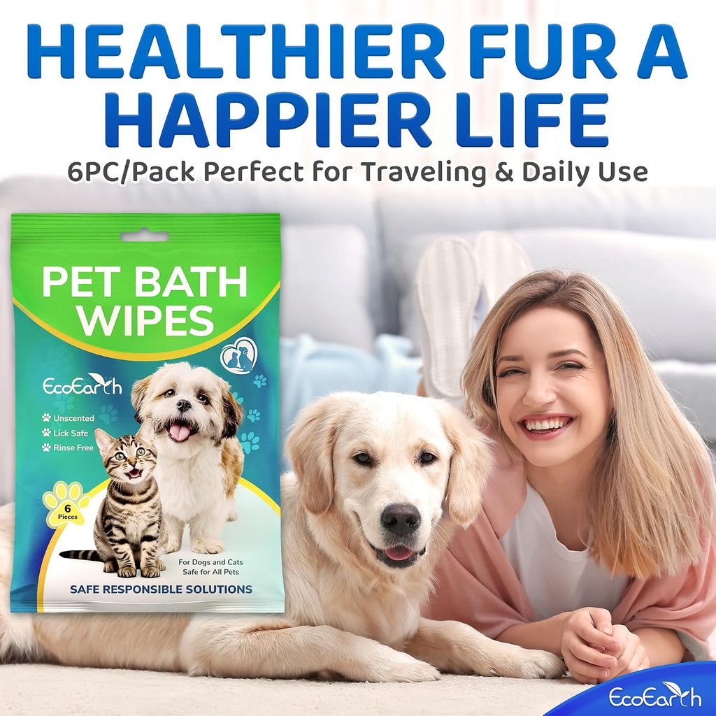 Premium Pet Wipes for Dogs & Cats - 6 Pcs - Disposable Washing Gloves for Bath & Grooming - Clean & Dry Paws, Fur, Face, Ears, Butt & Body - Hypoallergenic, Lick-Safe & Waterless Cleaning Gloves