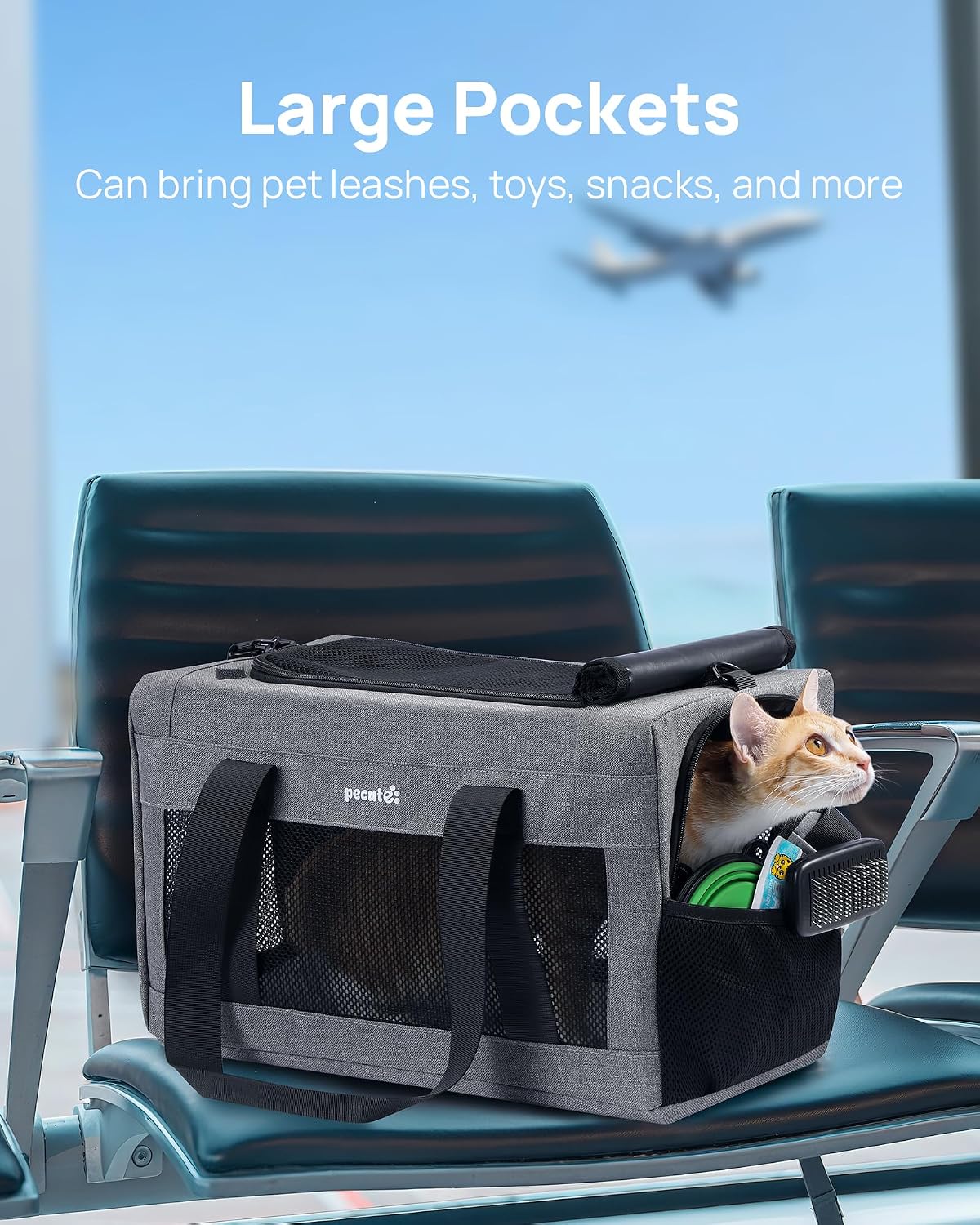 Pecute Airline Approved Cat Carrier, Pet Carrier Soft-Sided, Portable Dog Carrier with Stable Structure, TSA Approved Pet Carrier for Pets Less Than 12lbs, Cat Carrier Bag Suitable for Travel, Gray