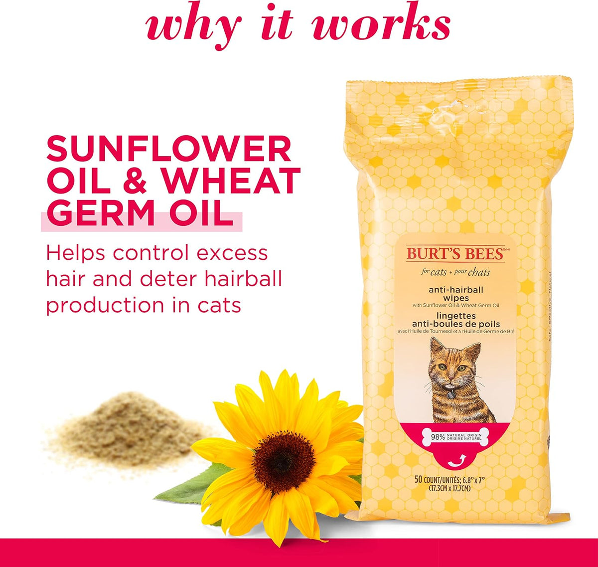 Burt's Bees for Pets Anti-Hairball Cat Wipes, 50 Count