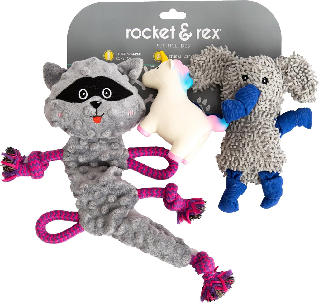 rocket & rex Puppy Chew Toys, Stuffing-Free Rope & Plush Set (3pk) | For small-medium breeds. Stuffing-free rope, rubber squeaker & plush toys. Reduces destructive chewing and anxiety.