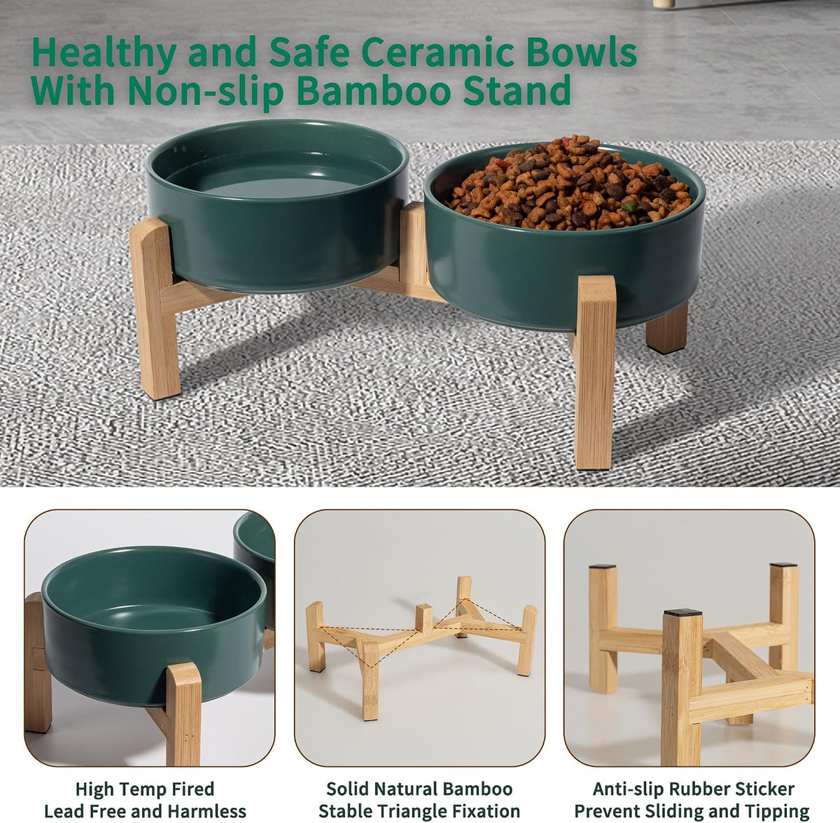 Elevated Ceramic Dog Bowl, 2 Cups Dog Food and Water Bowl Set with Stand | 5.1'' Double Dog Feeding Dishes, Non-Slip Raised Dog Feeder for Cats and Puppies, 16.23 OZ / 480 ML, White