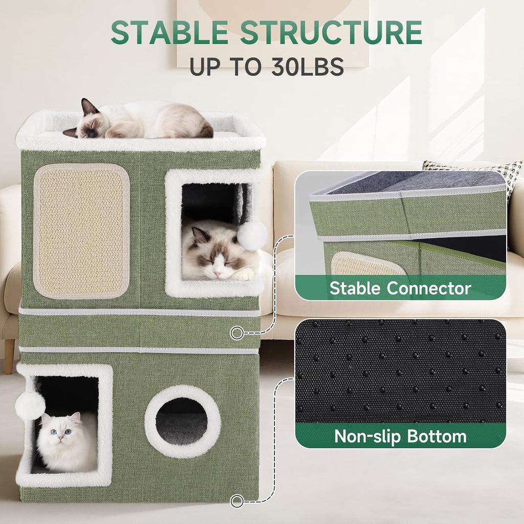 Shikha 2 Story Cat House beds for Indoor Cats with Scratch Pads Green