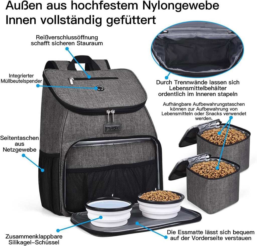 BAGLHER丨Dog Travel Bag, Airline Approved Pet Supplies Backpack, Dog Travel Backpack Accessories Set with 2 Silicone Collapsible Bowls and 2 Food Baskets, Gray