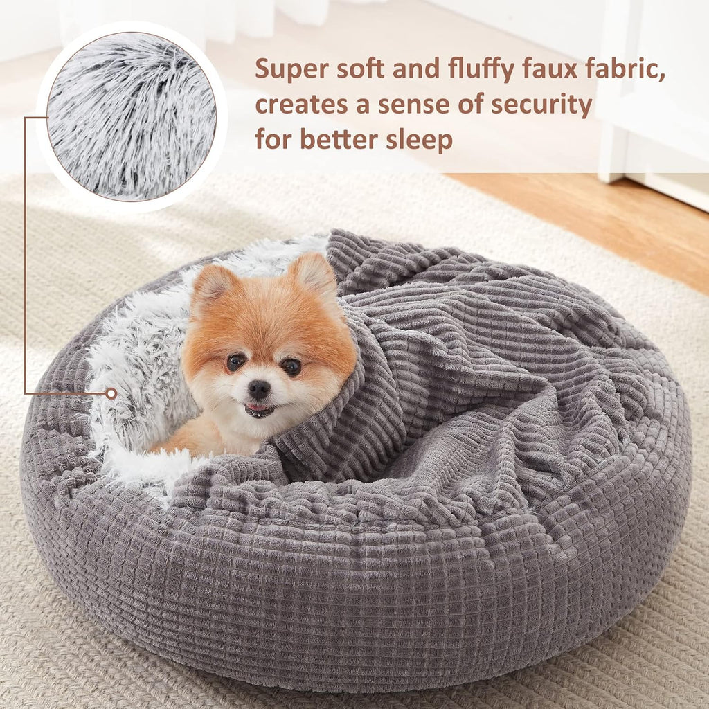 MIXJOY Small Dog Bed Cat Bed with Blanket Attached Donut Washable, 23in
