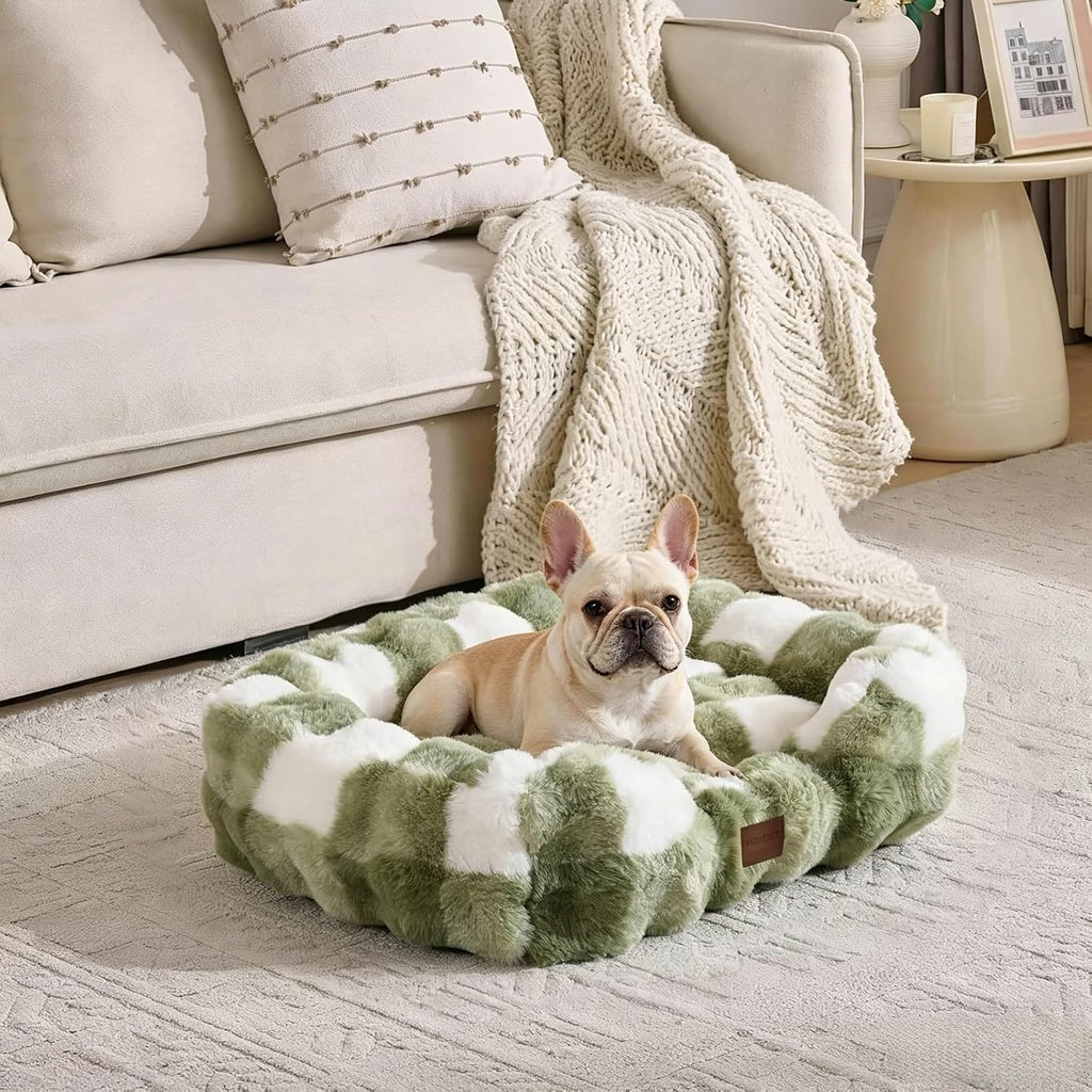 Washable Orthopedic Dog Bed,Rectangle Fleece & Luxury Pet Bed with Removable Zipper Cover & Anti-Slip Bottom,Suitable for Medium Large Dogs,40x30x7.5inches,Sage Green Grid Print