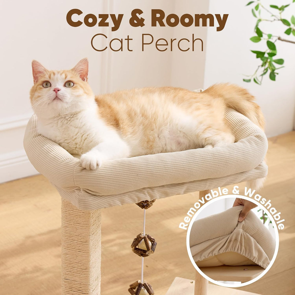 FUKUMARU Retro-Modern Cat Tree, Small Wooden Cat Tower with Post and Condo