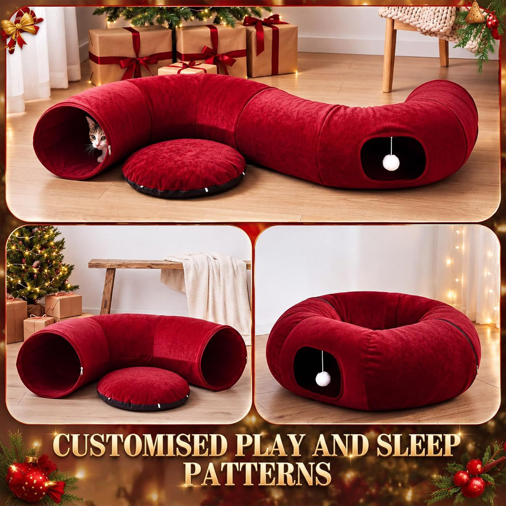 Christmas Tree Cat Tunnel 36 in Donut Bed, Red, Velvet, Fluffy