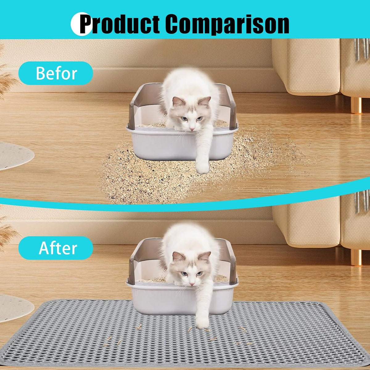 Cat Litter Mat 35"x24", Double Layer Waterproof Litterbox Mat, Gray | Non-slip backing, washable for easy cleanup, traps stray litter with waterproof honeycomb large grid that is urine-proof.