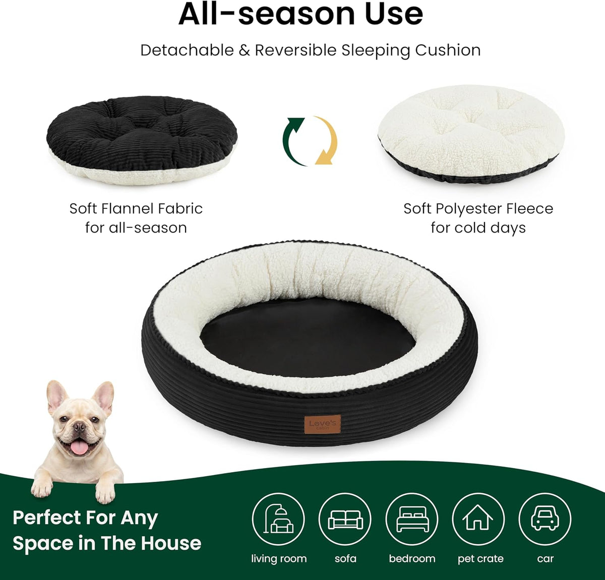 Love's cabin Round Donut Cat and Dog Cushion Bed, 30in Pet Bed for Medium or Large Dogs, Anti-Slip & Water-Resistant Bottom, Soft Durable Fabric Pet Beds, Washable Calming Cat Bed, Black