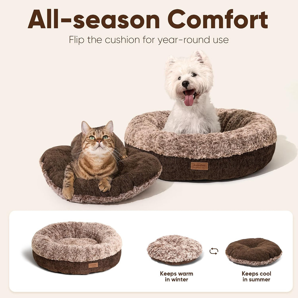 FUKUMARU Extra Thick Plush Dog Bed, Calming Donut, Anti-Anxiety & Washable
