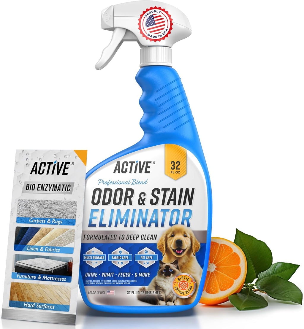 Pet Odor and Stain Eliminator - 32 oz ACTIVE Enzyme Cleaner for Dog & Cat Urine, Stain Remover Spray for Carpet, Upholstery, Hardwood, Spot Cleaning, Deodorizer for Dogs Cats Pets - Natural Citrus Oil