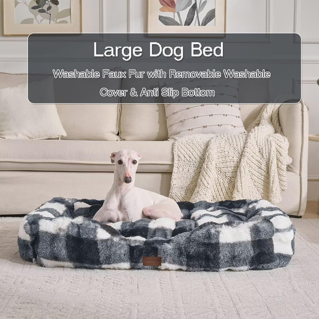 Washable Orthopedic Dog Bed,Rectangle Fleece & Luxury Pet Bed with Removable Zipper Cover & Anti-Slip Bottom,Suitable for Medium Large Dogs,30x25x7.5inches,Black/White