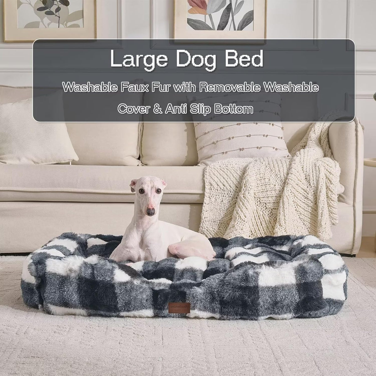 Washable Orthopedic Dog Bed,Rectangle Fleece & Luxury Pet Bed with Removable Zipper Cover & Anti-Slip Bottom,Suitable for Medium Large Dogs,30x25x7.5inches,Black/White