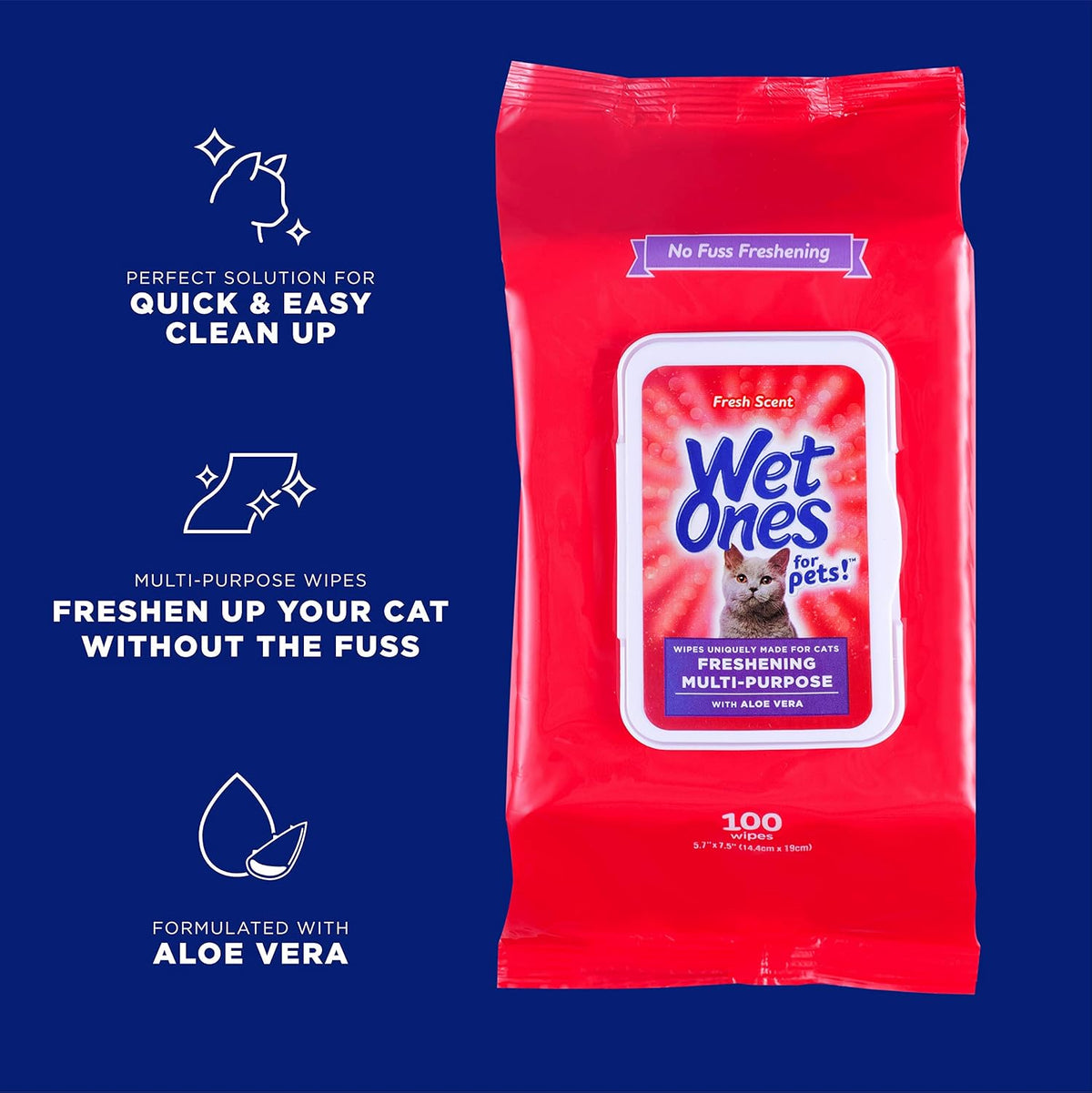 Wet Ones for Pets Freshening Multipurpose Cat Wipes, Fresh Scent, 100 Count | Aloe vera formula, moisture-lock seal keeps cloths clean, suitable for daily grooming between baths 