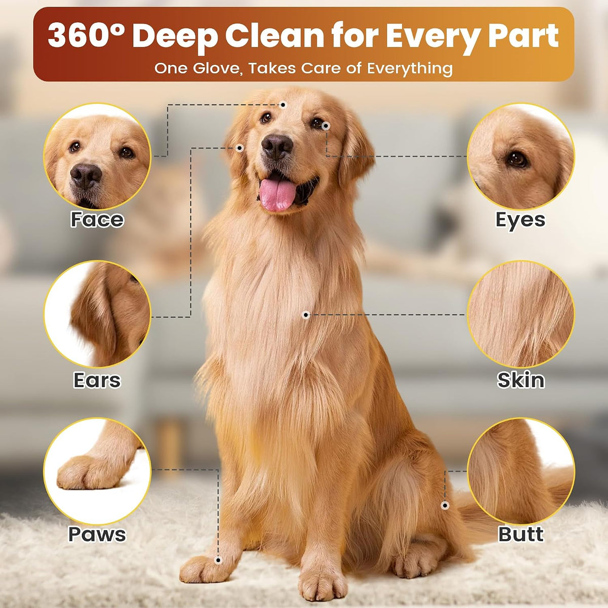 Pet Glove Wipes for Dogs Cats, Dog Cleaning Gloves, Dog Wipes Cleaning Deodorizing, Pet Wipes for Dogs Cats, Extra Thick, Unscented Rinse Free Nourish Fur Glove Wipes for Daily Care and Traveling-6pcs
