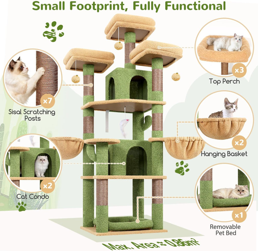Globlazer Big XL Cactus Cat Tower for Indoor Multiple Cats, F68B, Green