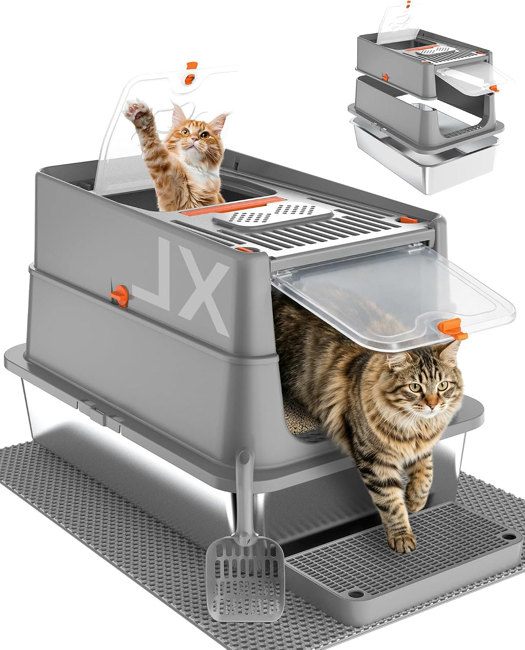 Stainless Steel Litter Box with Flip Lid, XL Extra Large Cat Litter Box with High Sided Top Entry Design, Anti-Leakage Enclosed Metal Litterbox for Big Cats, with Handle, Mat, Pedal & Scoop Grey