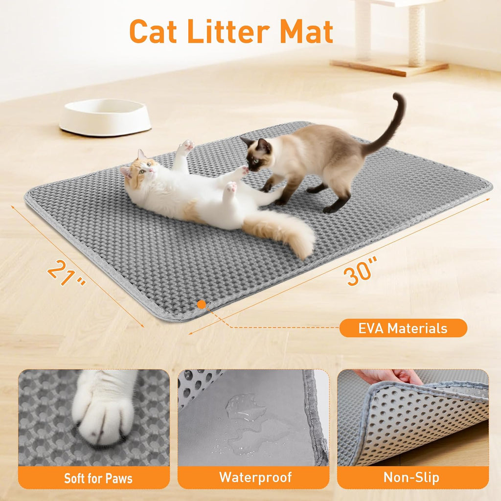 Cat Litter Mat 30"x21" Urine-Proof Small Litter Mat Litter Box Mat | Double Layer Honeycomb Cat Mat Soft EVA litter matt Fits Litter Boxes, kitty Litter mat Trapping Mat, Easy-Open Edge Grey