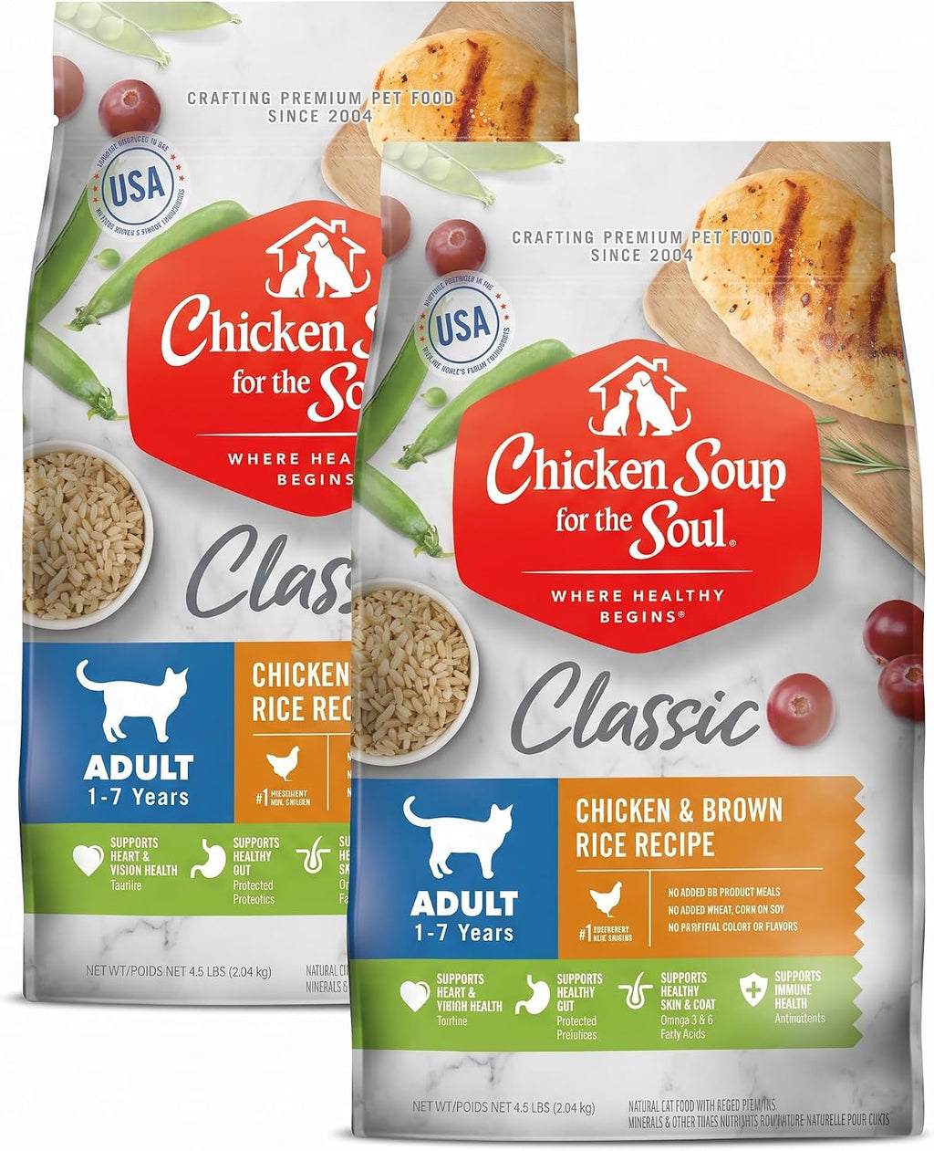 Chicken Soup for the Soul All Natural Premium Adult Dry Cat Food, Real Meat First Ingredient, No By-Products, Supports Heart, Gut & Immune Health, Chicken & Brown Rice, 4.5lb (Pack of 2)
