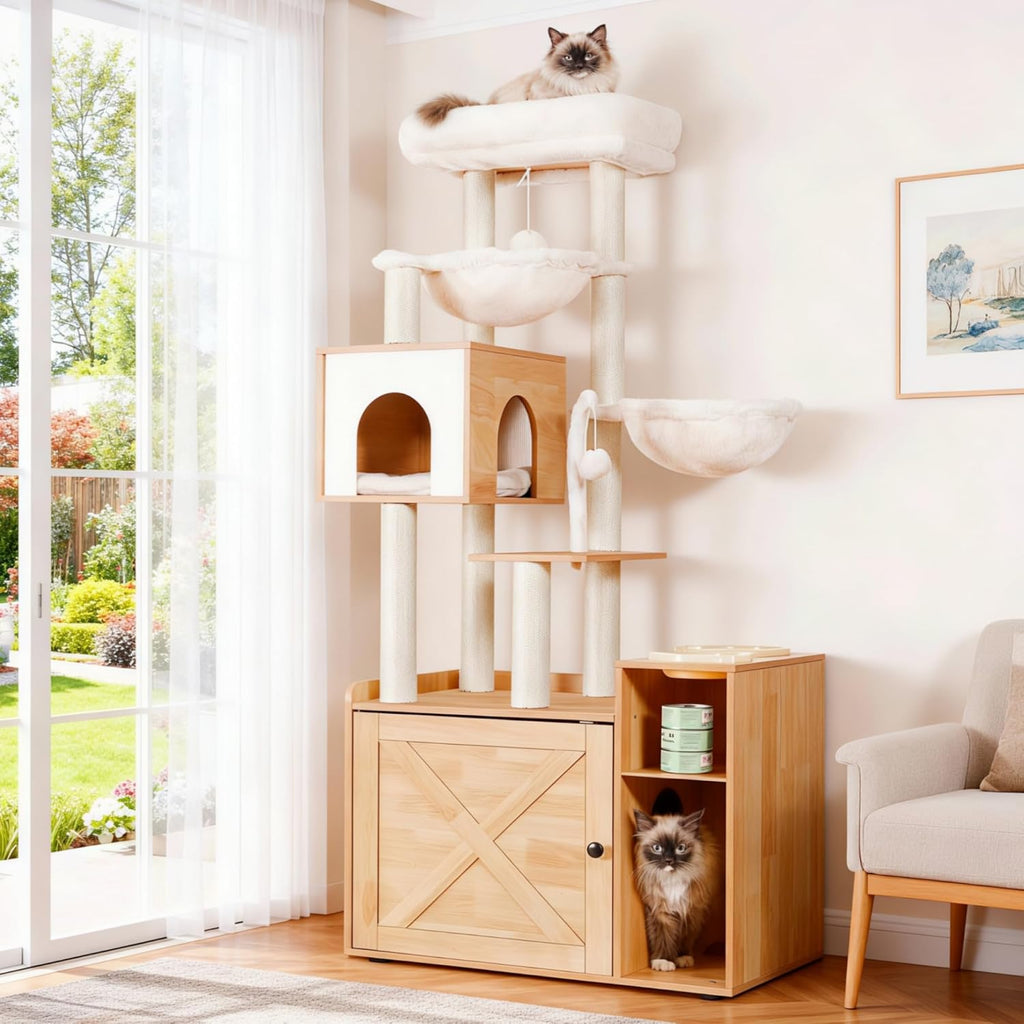 Hey-brother Cat Tree Tower, Wooden Litter Box Enclosure and Condo, MPJ115WB