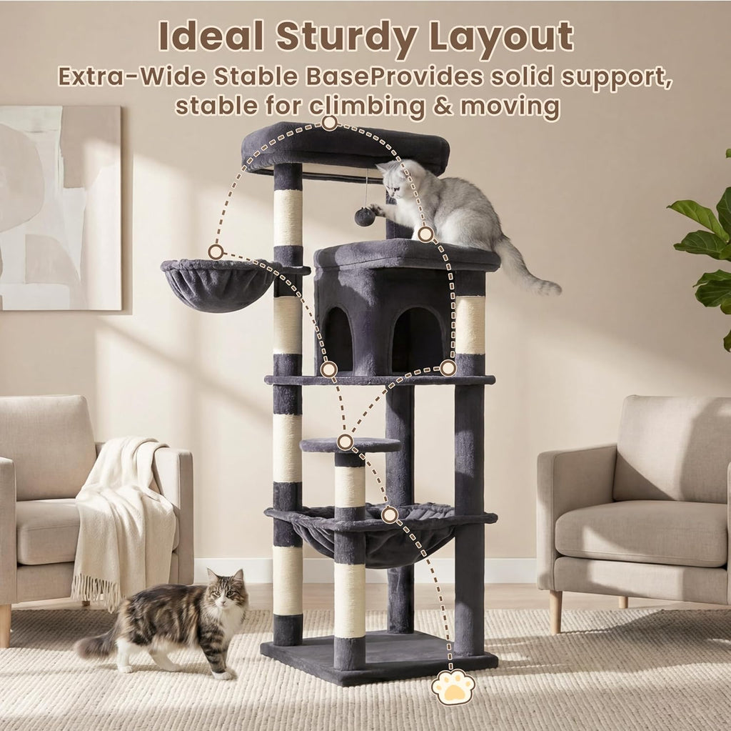 Heybly Cat Tree, 56" Multi-Level Easy Climb Tower for Large Cats HCT028G