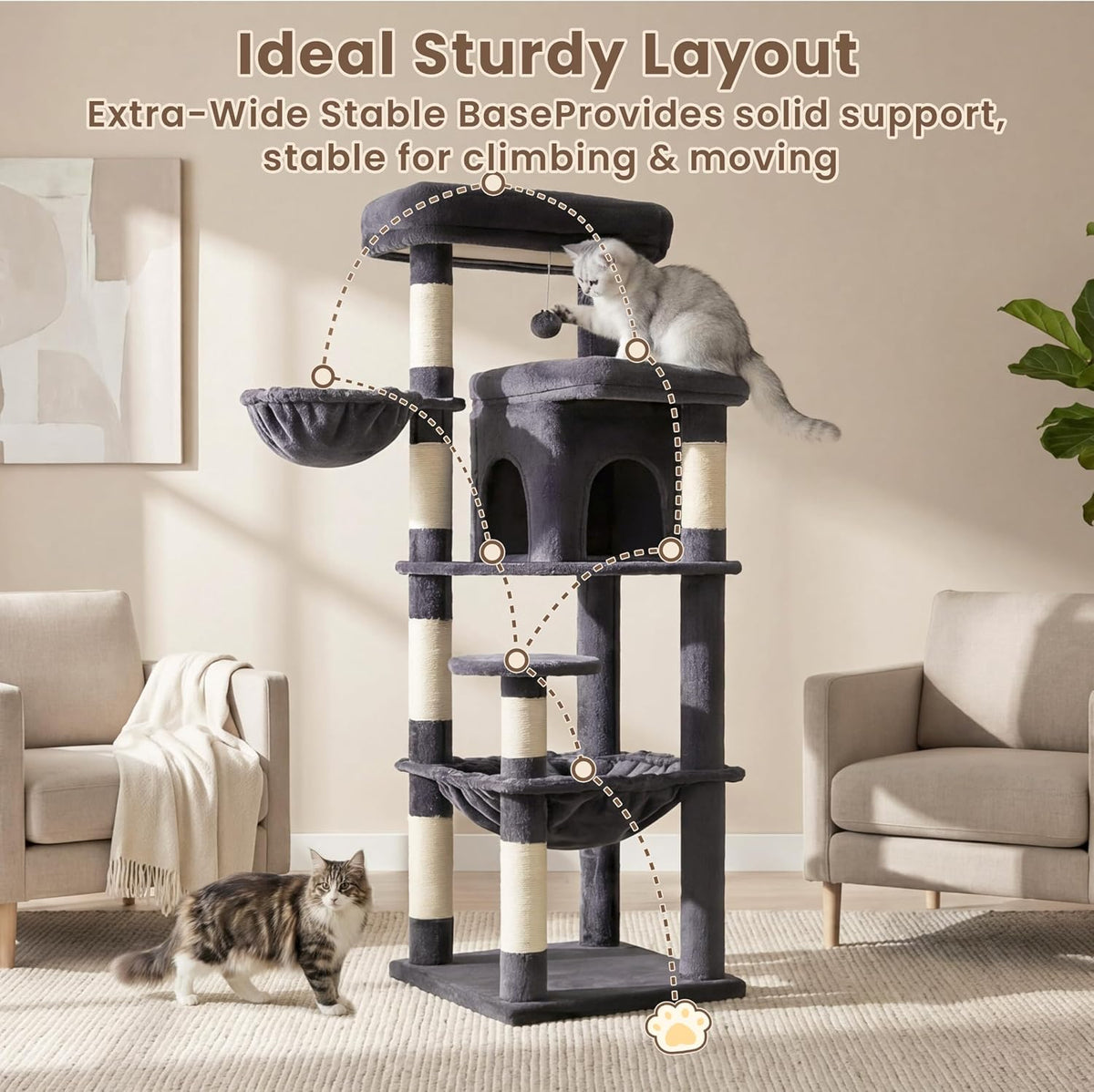 Heybly Cat Tree, 56" Multi-Level Easy Climb Tower for Large Cats HCT028G