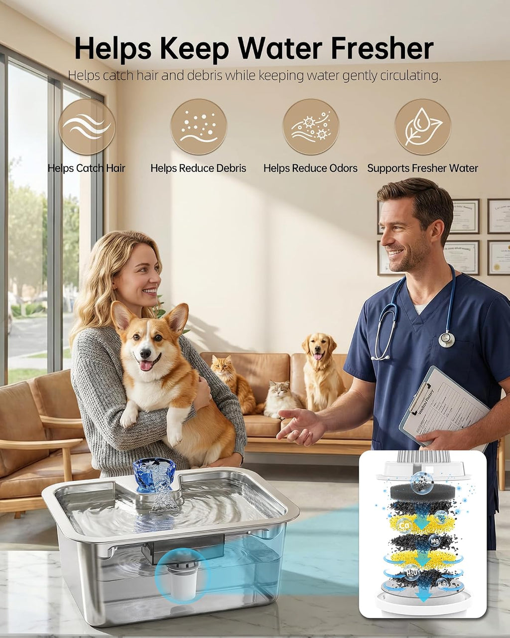 10L (2.64 Gallon) Dog Water Fountain with Silicone Mat, Stainless Steel Pet Water Dispenser with 6 Filters, Quiet Automatic Water Bowl for Large Dogs and Multi-Pet Homes, Easy to Clean